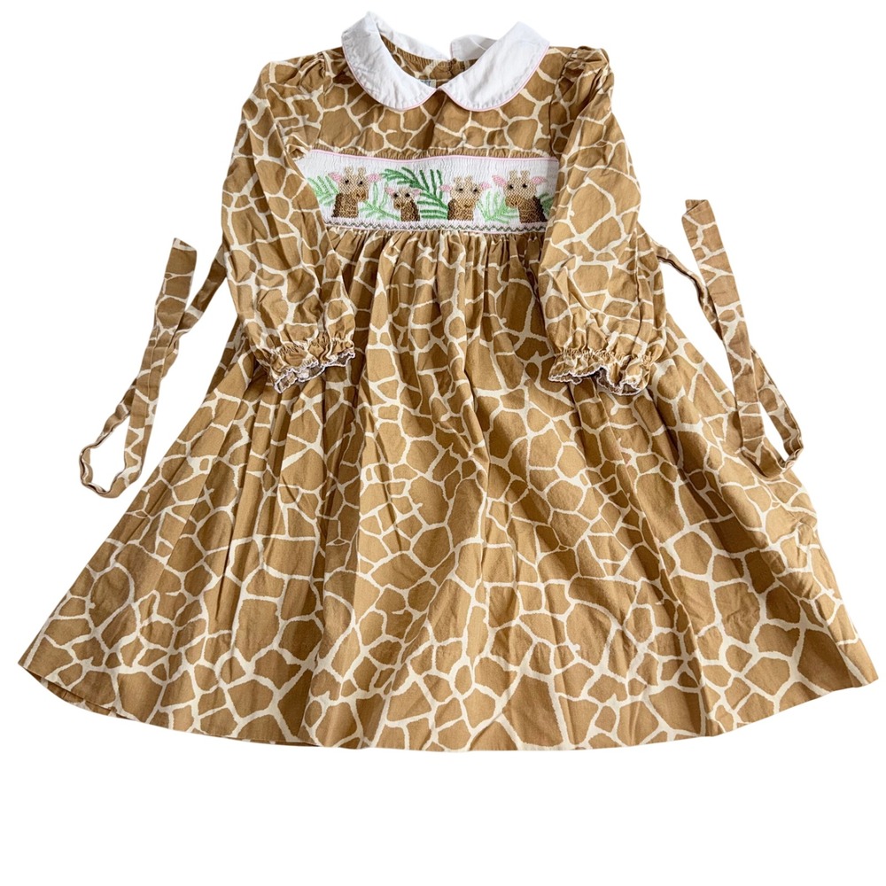 Marmellata Smocked Dress Kids 6 Brown Giraffe Print Long Sleeve Peter Pan Collar